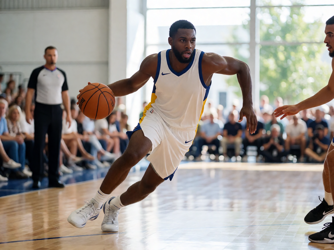 NBA篮球比赛现场，球员在球场上运球突破