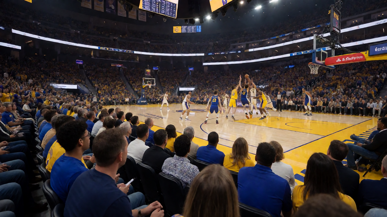 NBA湖人队与勇士队的比赛现场，球员在球场上激烈争夺